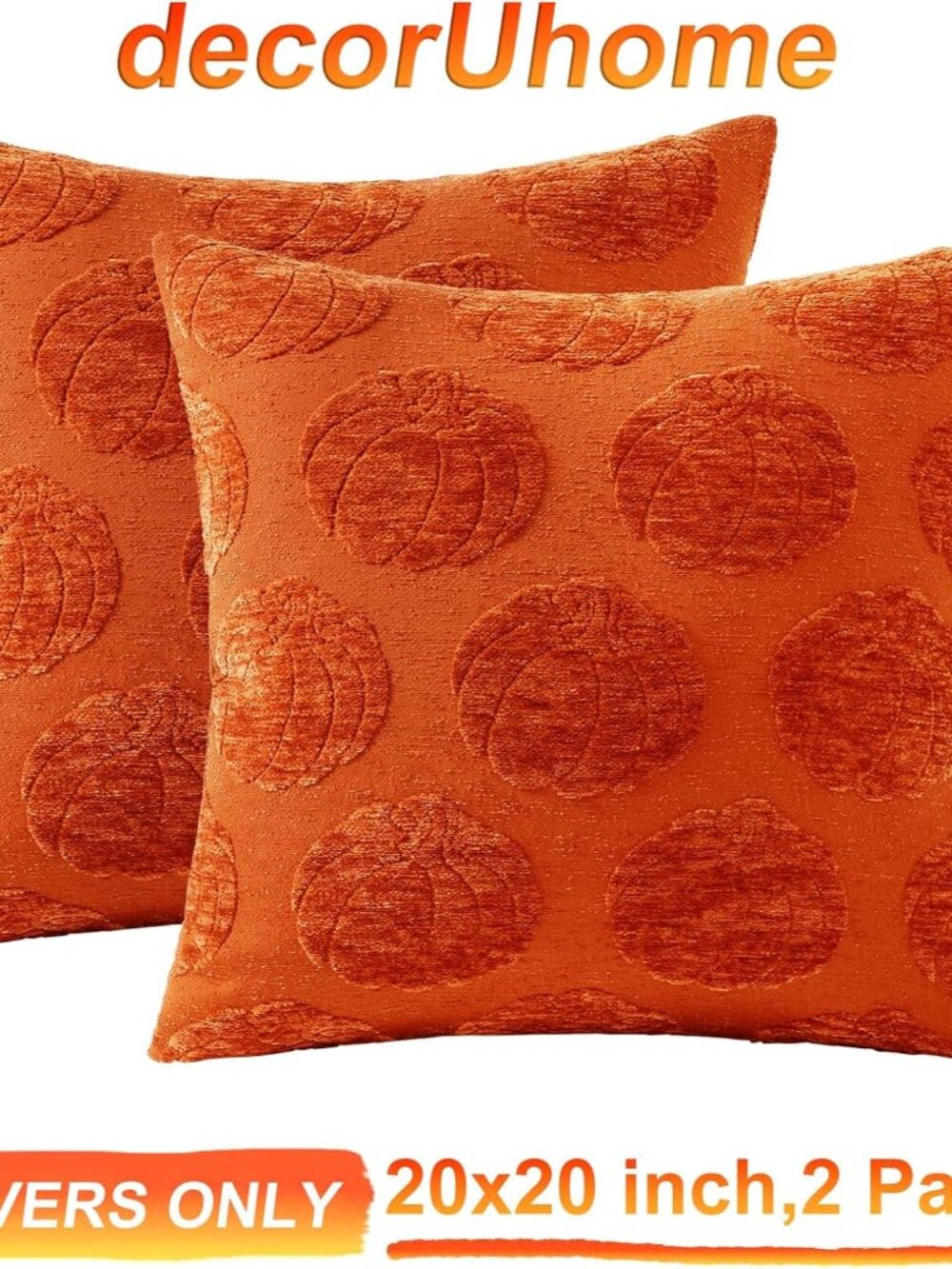 Chenille Rust Pumpkin Soft Throw Pillow Covers 20x20 Set of 2 | Fall Decorative - Picture 6 of 6